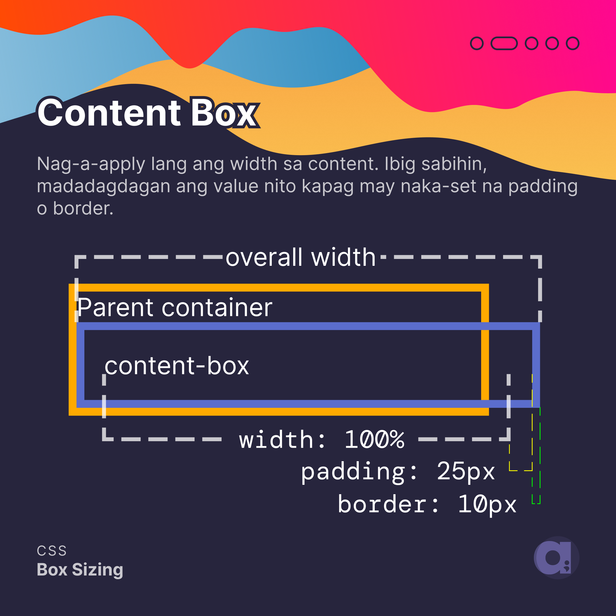 Content-box Nag-a-apply lang ang width sa content. Ibig sabihin, madaragdagan ang value nito kapag may naka-set na padding o border.